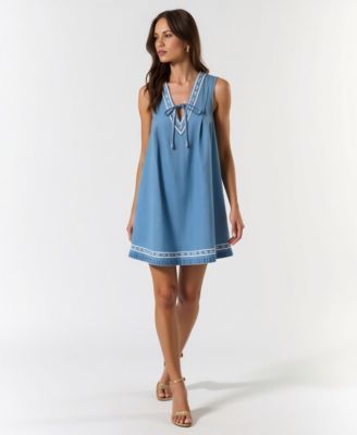 Women's Sleeveless Embroidered Trim Tie Front Mini Dress