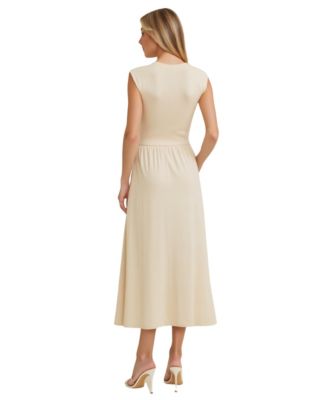 Women's Cap Sleeve Knit Bodice Midi Dress with Pockets
