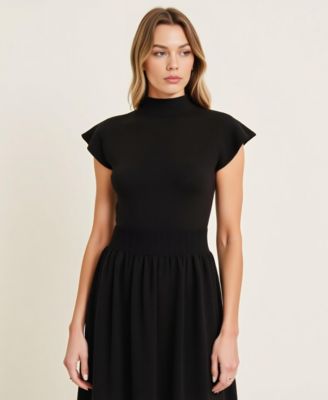 Women's Scallop Edge Mock Neck Sleeveless Knit Midi Dress