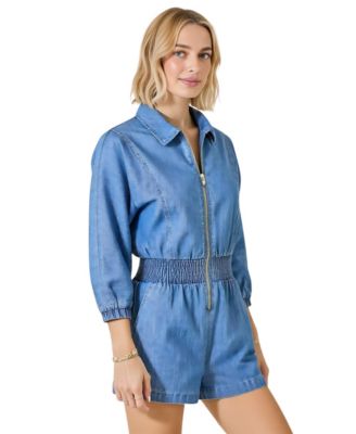 Women's Zip Front Smocked Waist 3/4 Sleeve Romper