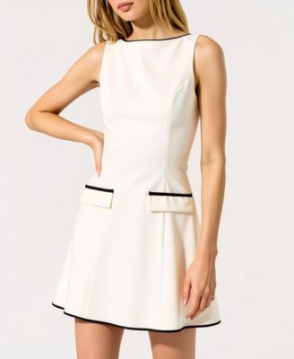 Women's Sleeveless Contrast Trim Faux Pocket Flaps Mini Dress