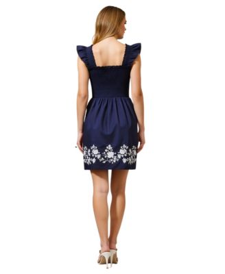 Women's Smocked Ruffle Strap Floral Embroidery Mini Dress