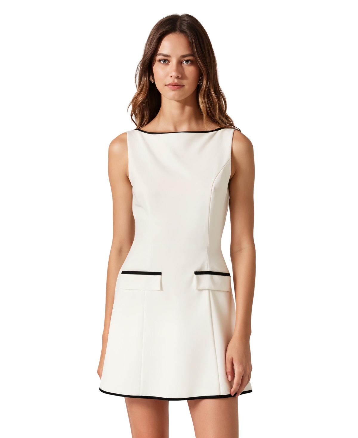 Women's Sleeveless A-Line Contrast Trim Faux Pocket Mini Dress - White