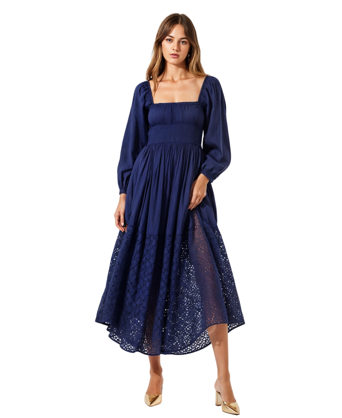 Women's Square-Neck Smocked Eyelet Hem Midi Dress - Navy blue