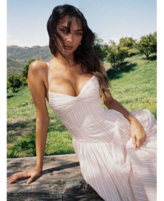 Women's Zania Pink Stripe Ruched Breast Cotton Jacquard Midi Dress