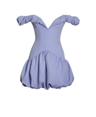 Women Sablee Checkered Puffy Off Shoulder Trim Bubble Hem Mini Dress