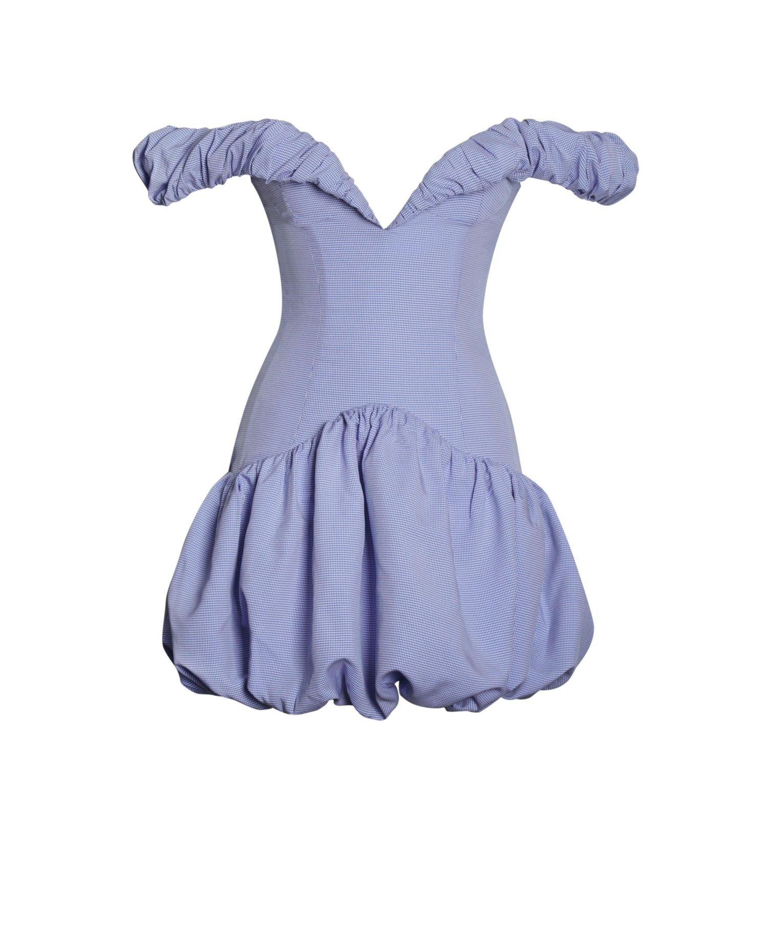 Women Sablee Checkered Puffy Off Shoulder Trim Bubble Hem Mini Dress