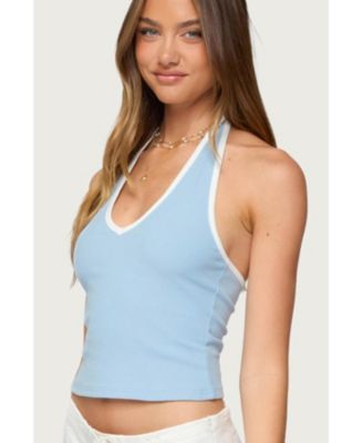 Women's Contrast Ribbed V Neck Halter Top