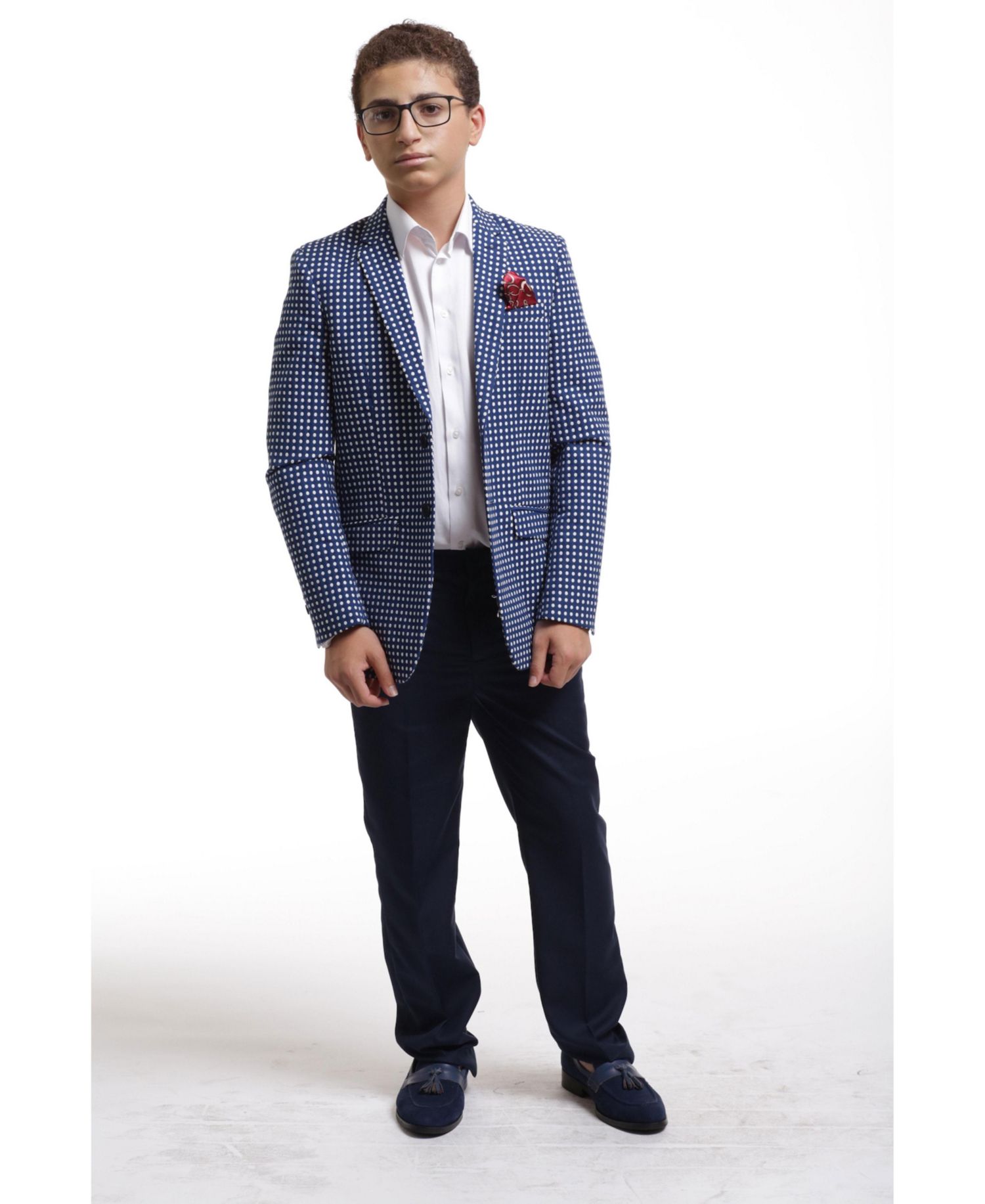 Boys Navy Slim Fit Checked Blazer
