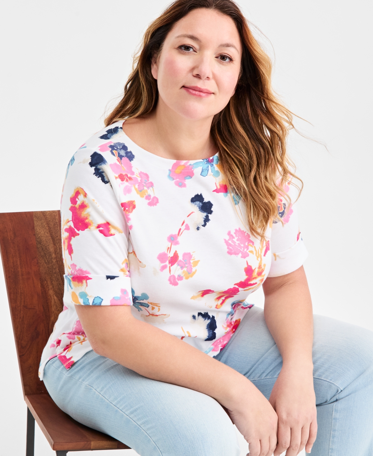 Style & Co Plus Boat-Neck Cuffed-Sleeve Top