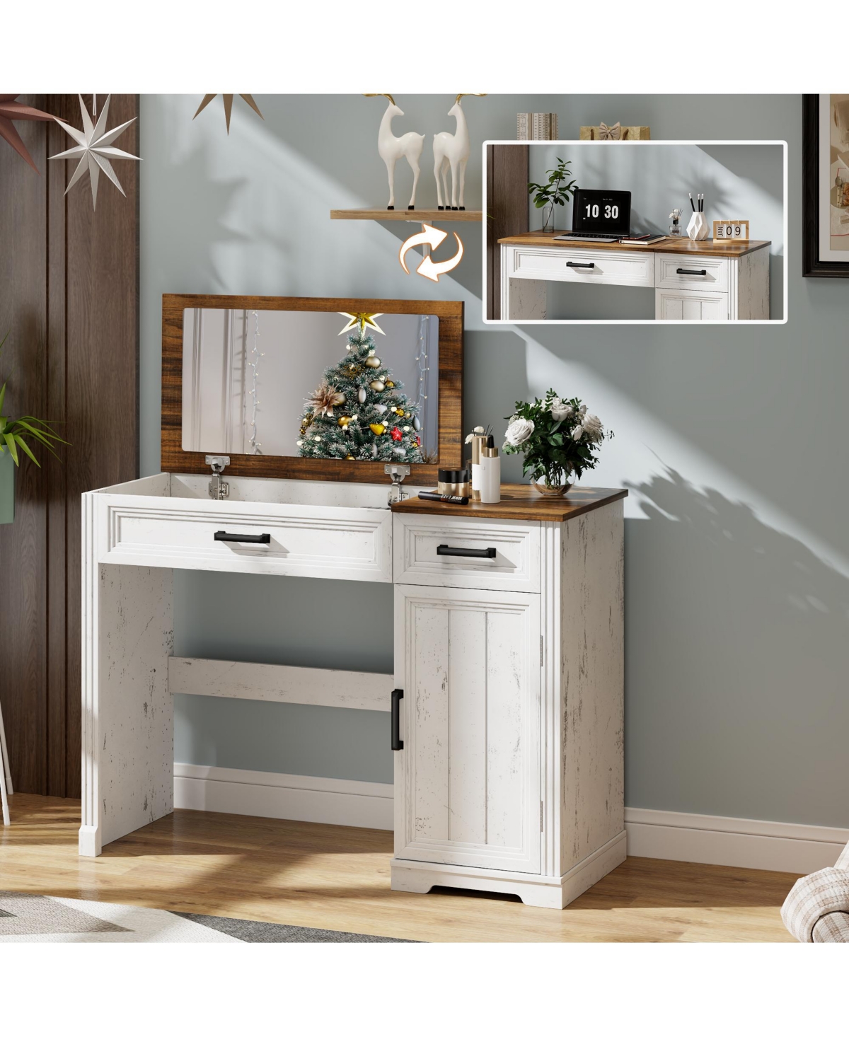 Vlsrka Vanity desk with mirror and storage drawers.