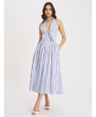 Women's Mackenna Navy Stripe Halter Smock Back Maxi Dress