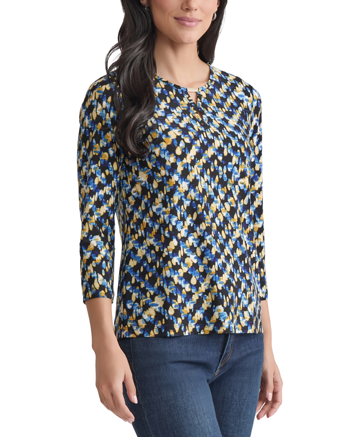 Jones New York Petite Printed Keyhole Top In Multi
