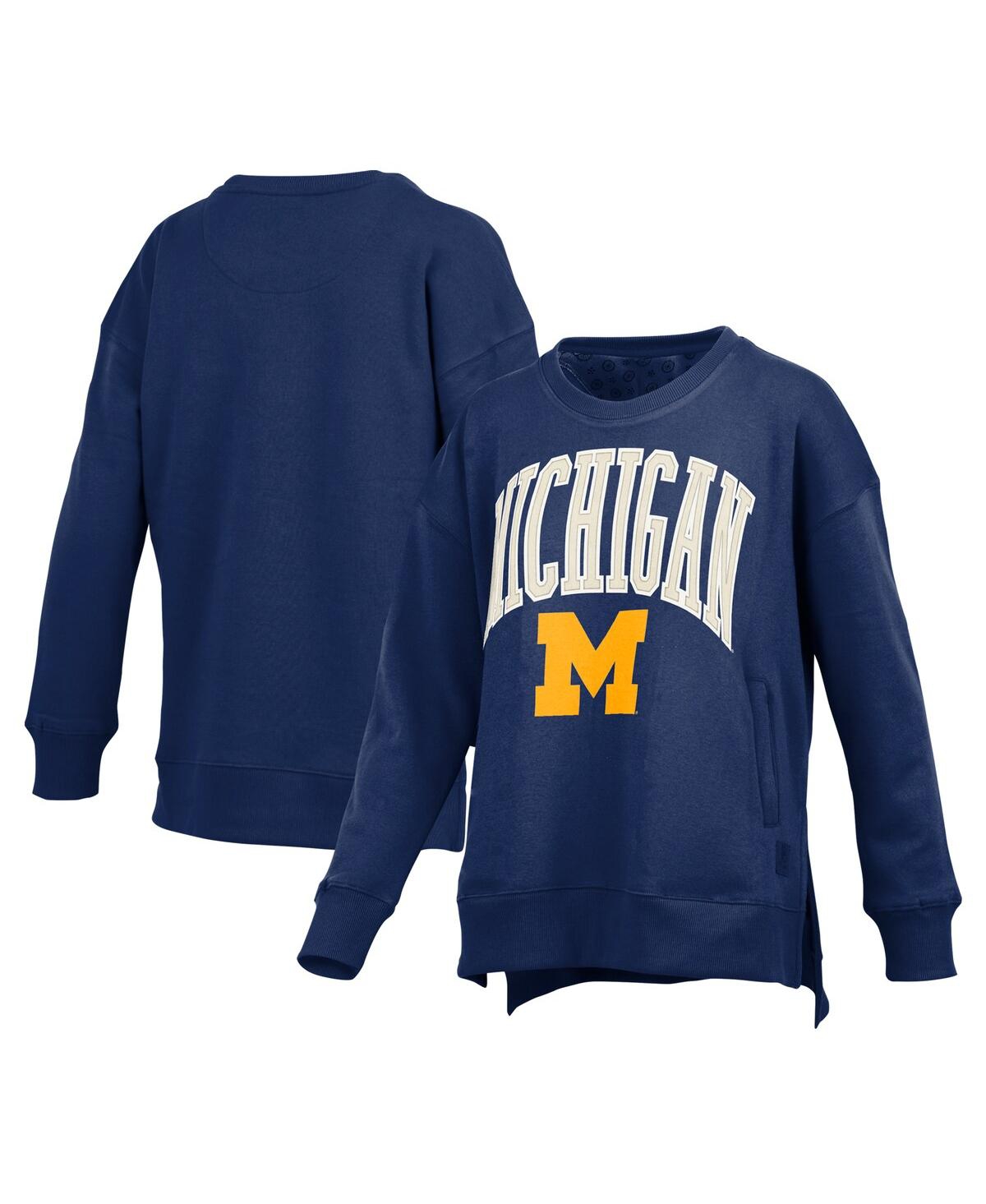 Women's Navy Michigan Wolverines Pocketed Arch Pullover Sweatshirt - Navy