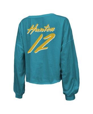 Women's Travis Hunter Teal Jacksonville Jaguars 2025 NFL Draft First Round Pick Off-Shoulder Script Name Number V-Neck T-Shirt