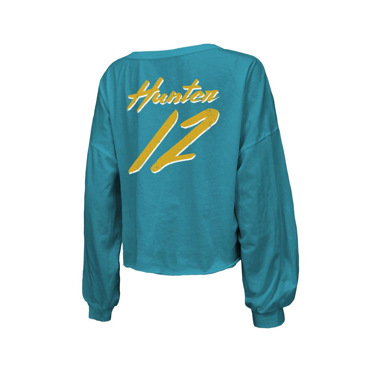 Women's Travis Hunter Teal Jacksonville Jaguars 2025 NFL Draft First Round Pick Off-Shoulder Script Name & Number V-Neck T-Shirt