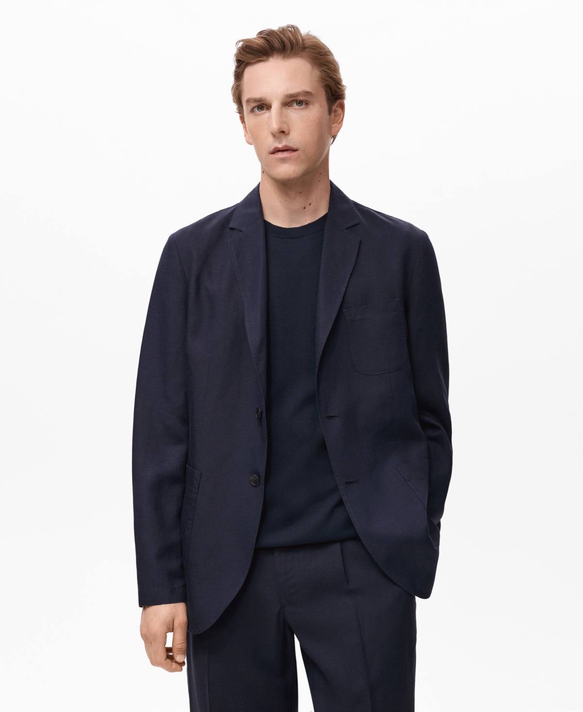 Men's Slim-Fit Linen Suit Blazer - Dark Navy