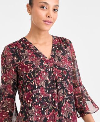 Women's V-Neck 3/4 Flutter Sleeve Top