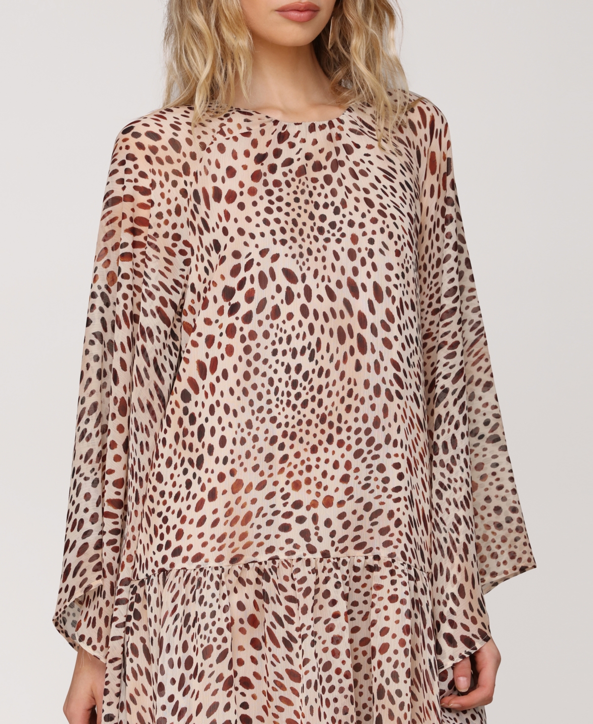 Avec Les Filles Long-sleeve Ruffle Swing Mini Dress In Brown