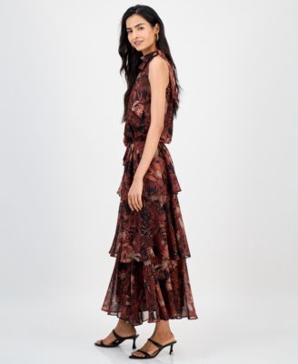 Women's Tie-Neck Blouson Tiered Maxi Dress