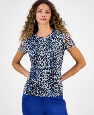 Women's Leopard-Print Short-Sleeve Mesh Top, Macy Exclusive