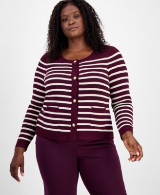 Tahari ASL - Plus Size Scoop-Neck Striped Cardigan