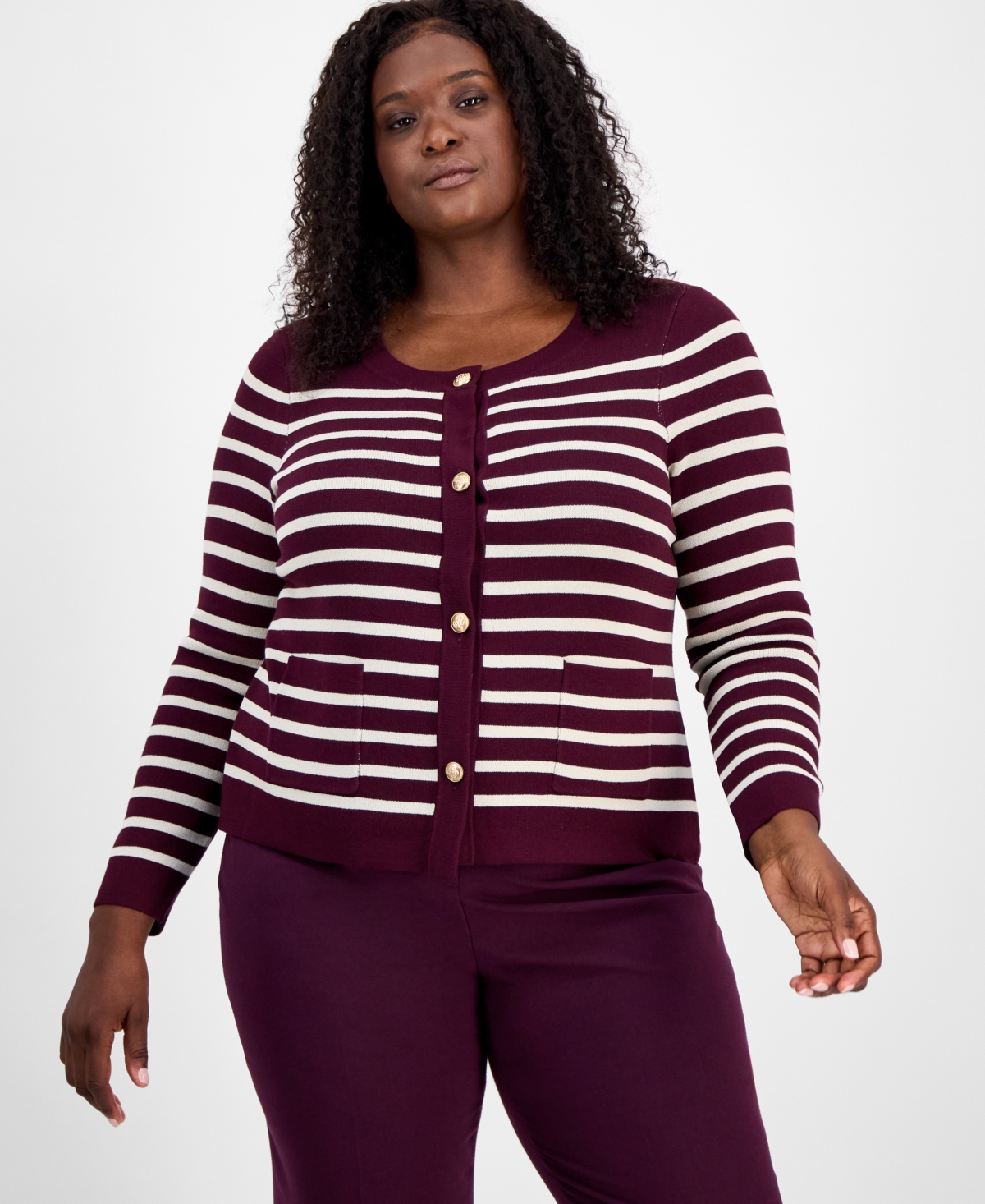 Tahari Asl Plus Size Scoop-neck Striped Cardigan In Multi