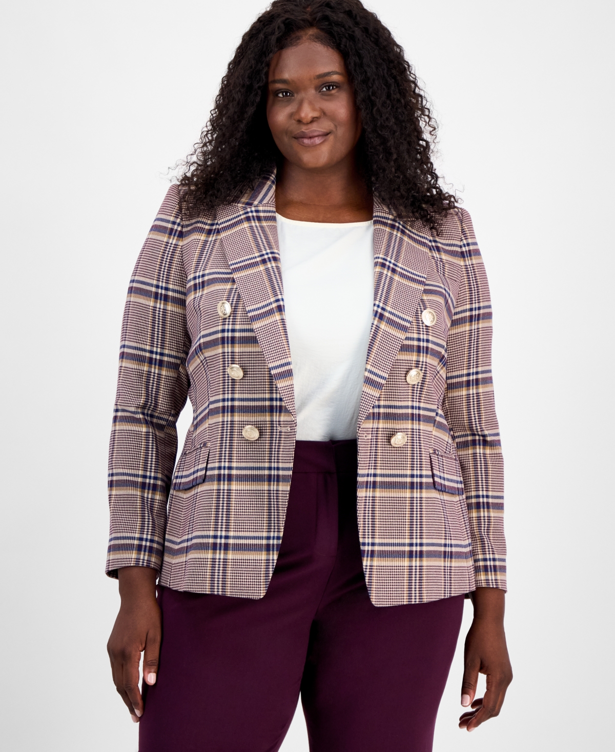 Tahari Asl Plus Size Plaid Print Double-breasted Jacket In Purple