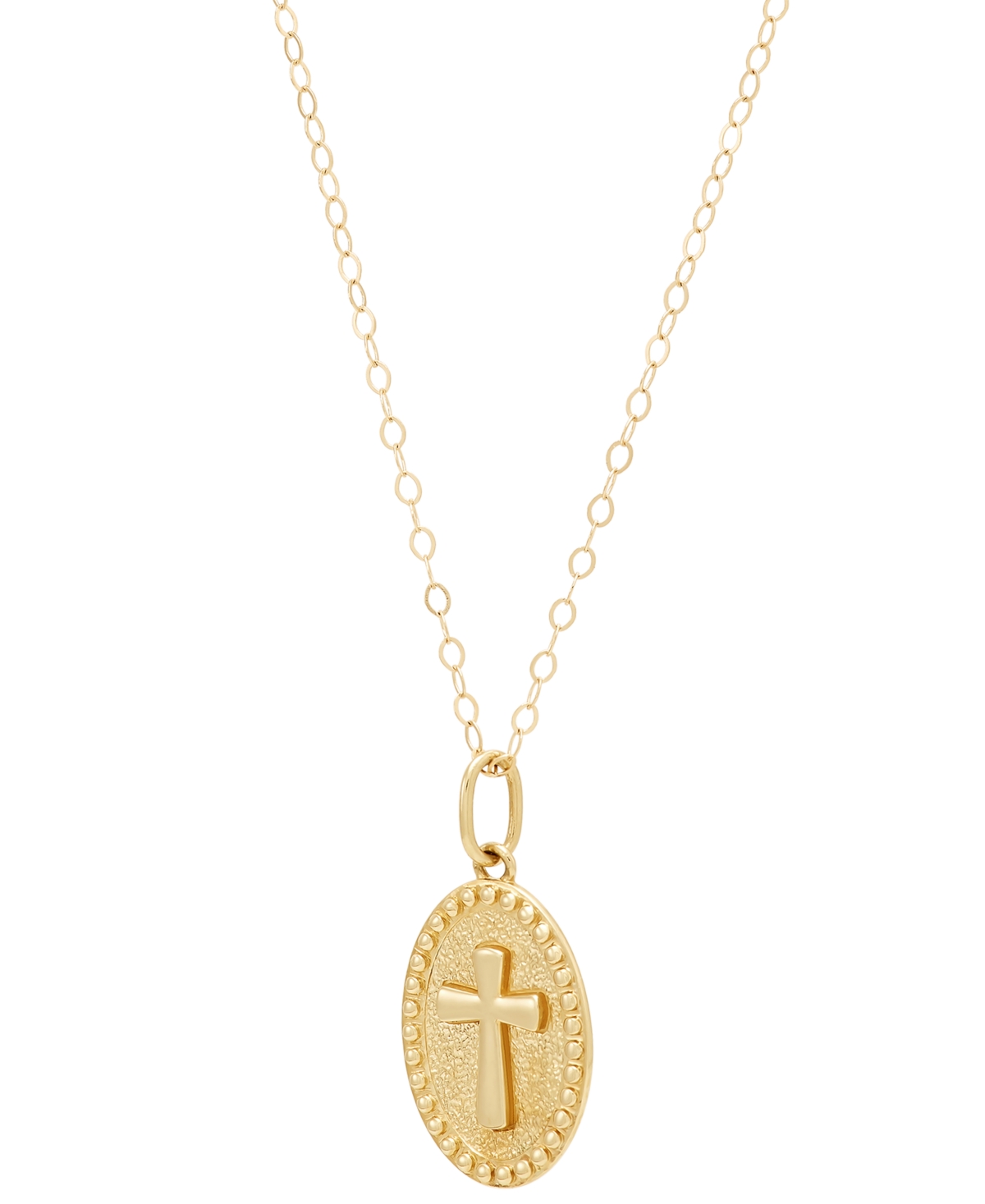 Macy's Polished Oval Cross Beaded Medallion 15" Pendant Necklace In 14k Gold In Gold