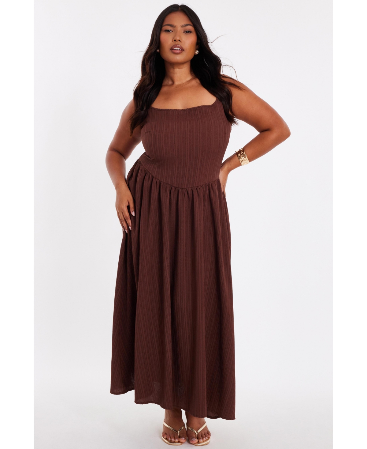 Women's Drop Waist Textured Dress - Brown