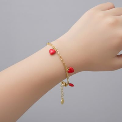 Toddlers/Kids Red Enamel Heart Charms Link Chain Bracelet