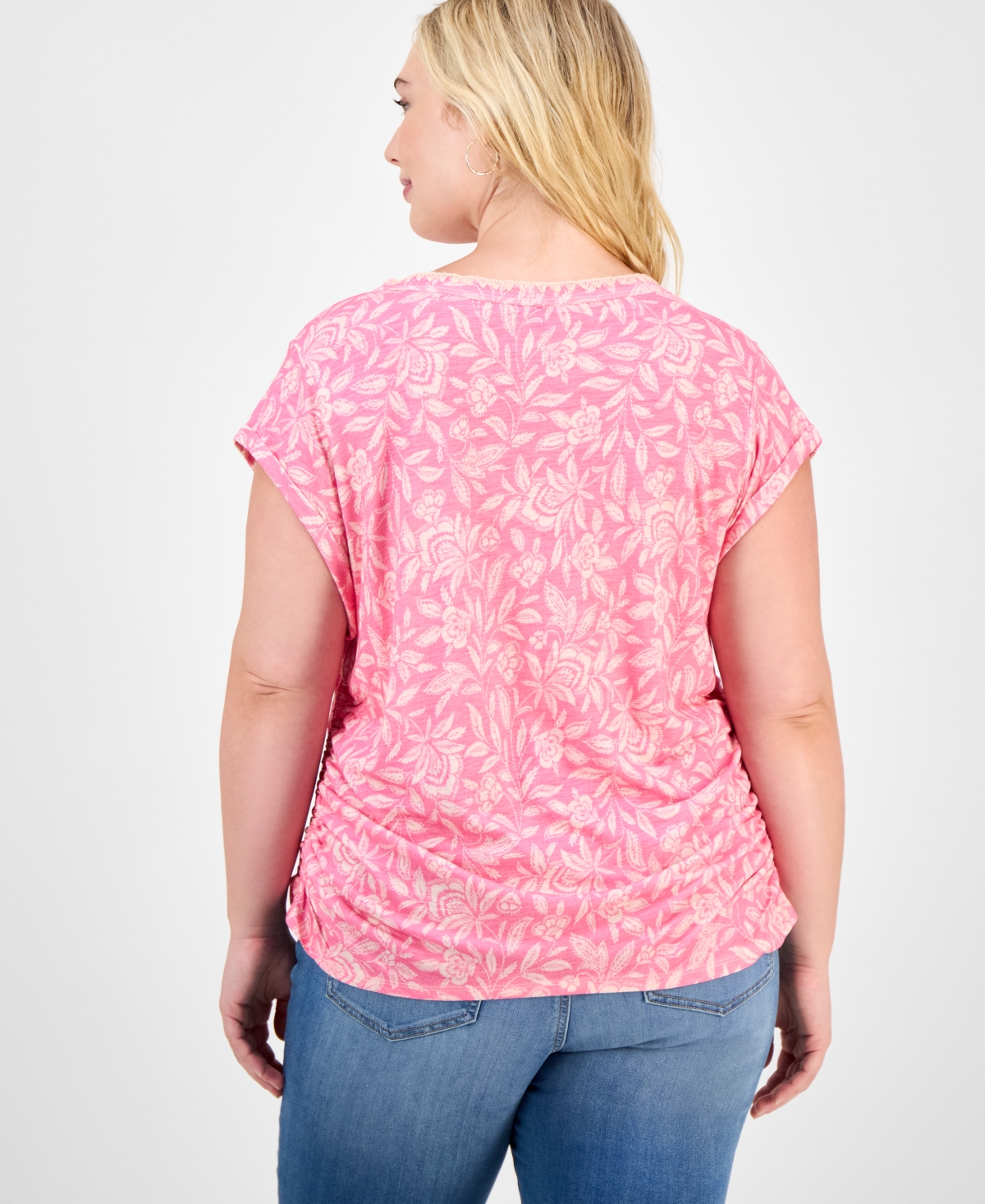 Democracy Trendy Plus Printed Side-shirred Cap-sleeve Top In Pink