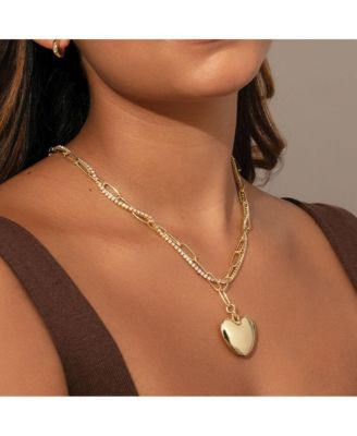 14k Gold-Plated Cubic Zirconia Intertwined Chain and Heart Necklace, 18" + 2" extender