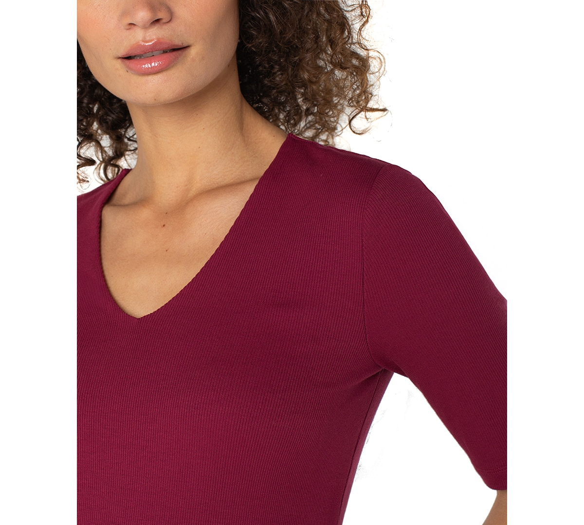 Liverpool Los Angeles Petite Ribbed V-neck Top In Red