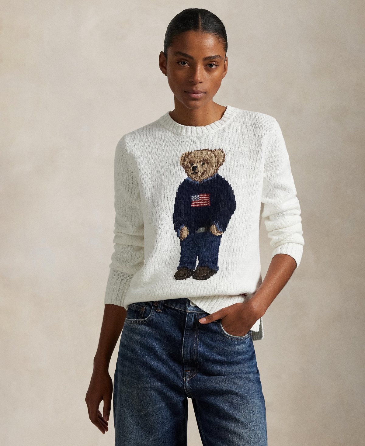 Women's Polo Bear Linen-Cotton Crewneck Sweater - White