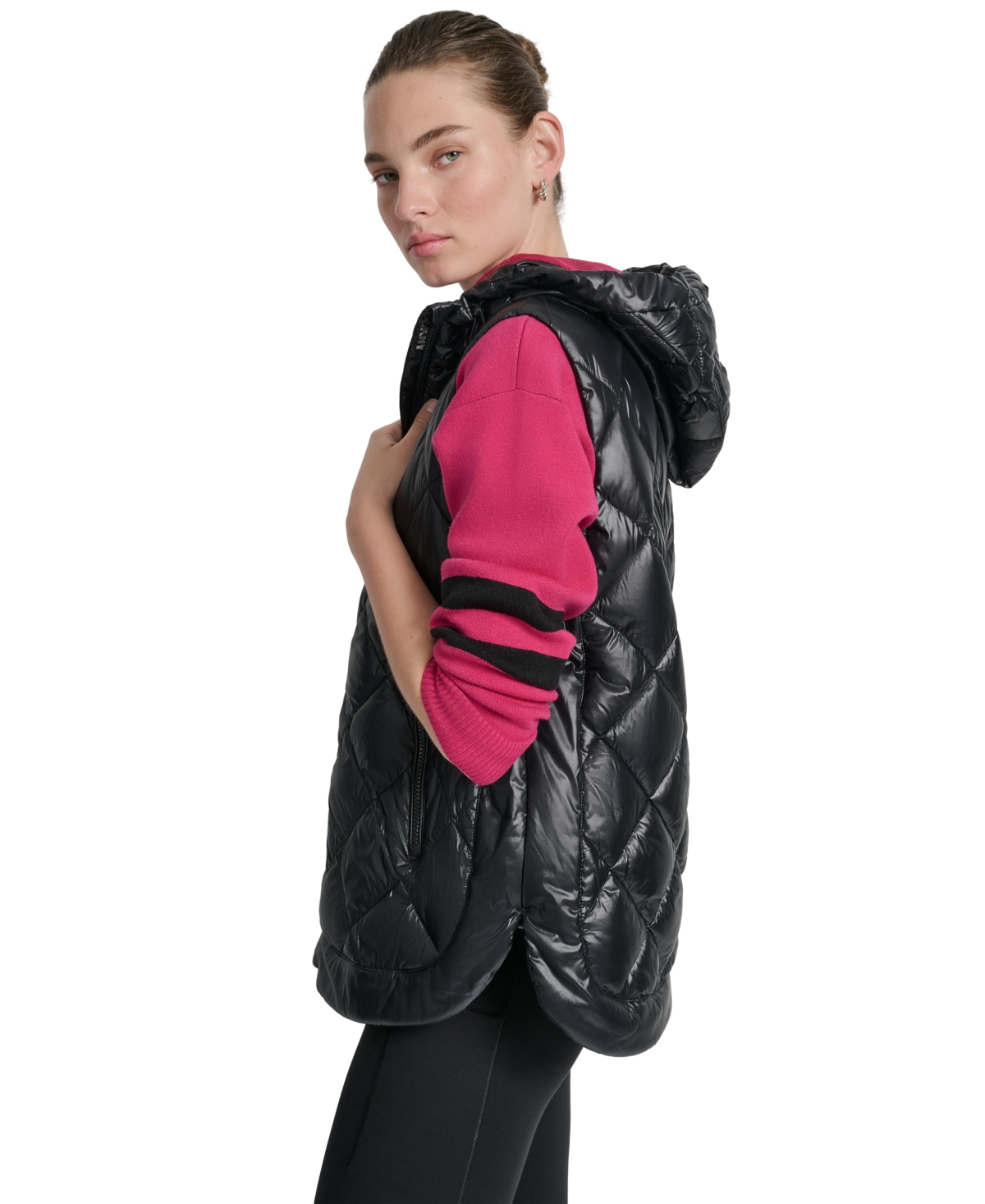 Dkny Women's Quilted Curved-hem Hooded Vest In Black