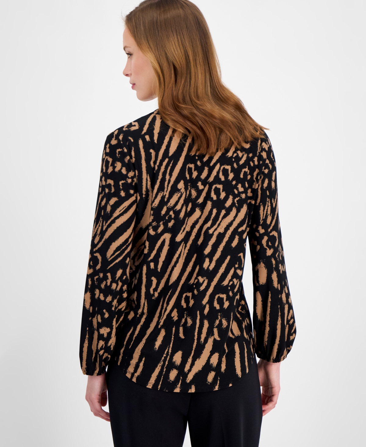 Ak Anne Klein Petite Split-neck Animal-print Top In Brown