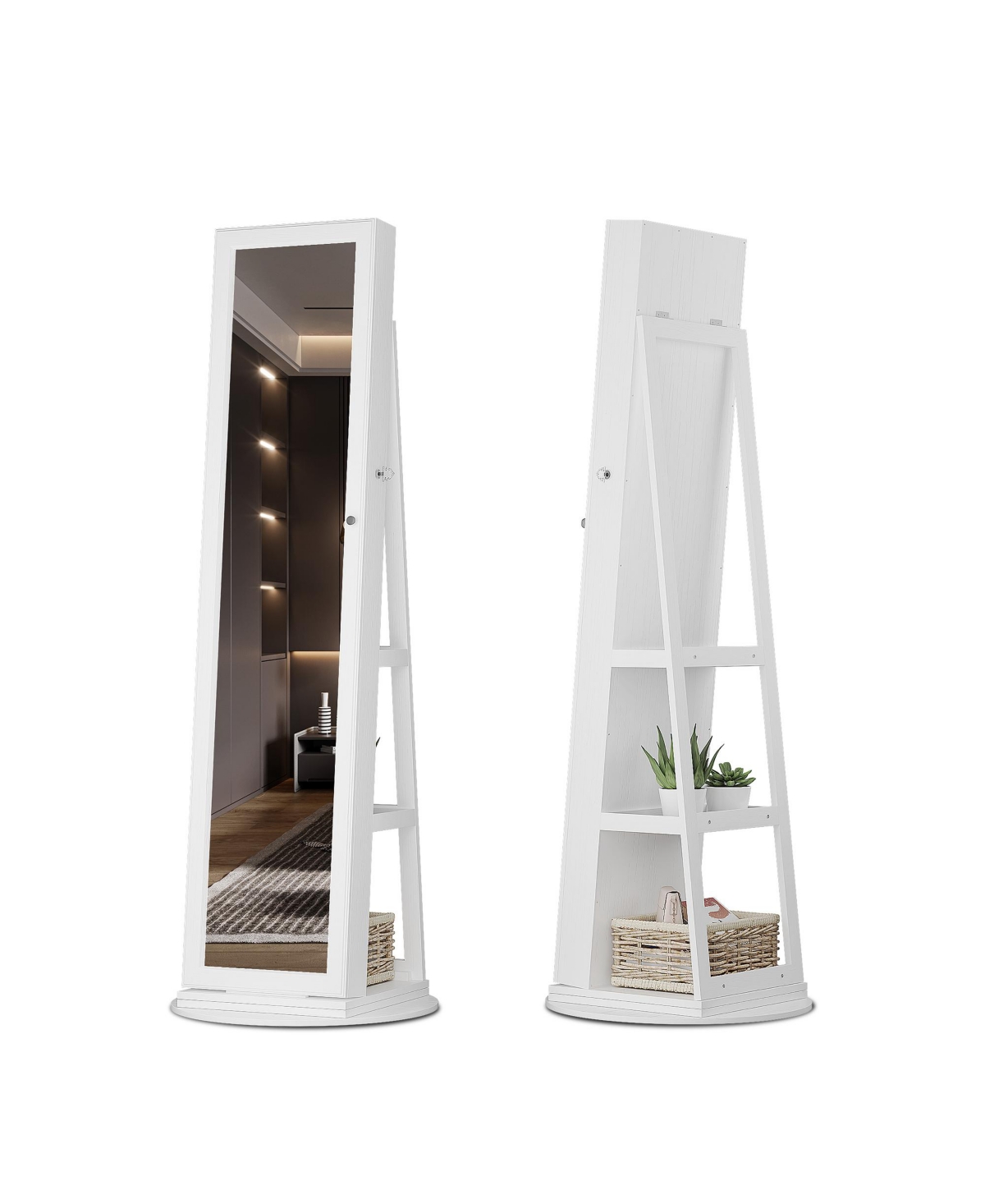 Rotatable full-length jewelry mirror cabinet with compartments and built-in Led lights. - White