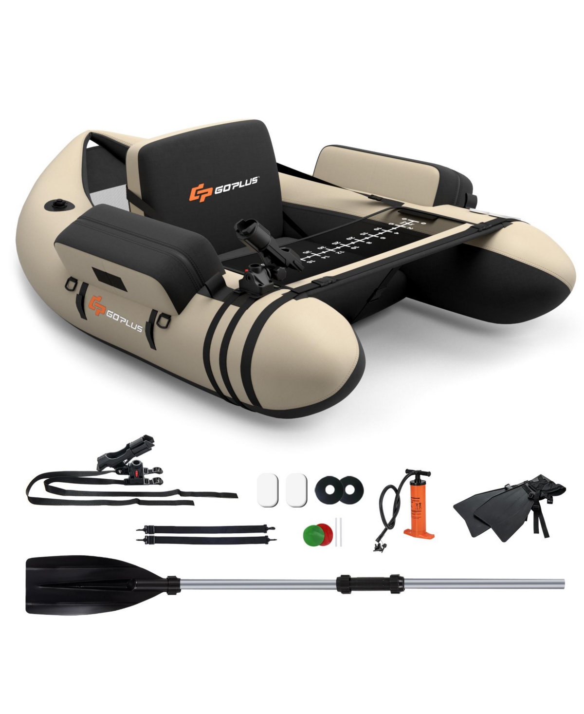 Inflatable Fishing Float Tube with Pump Storage Pockets and Fish Ruler - Beige