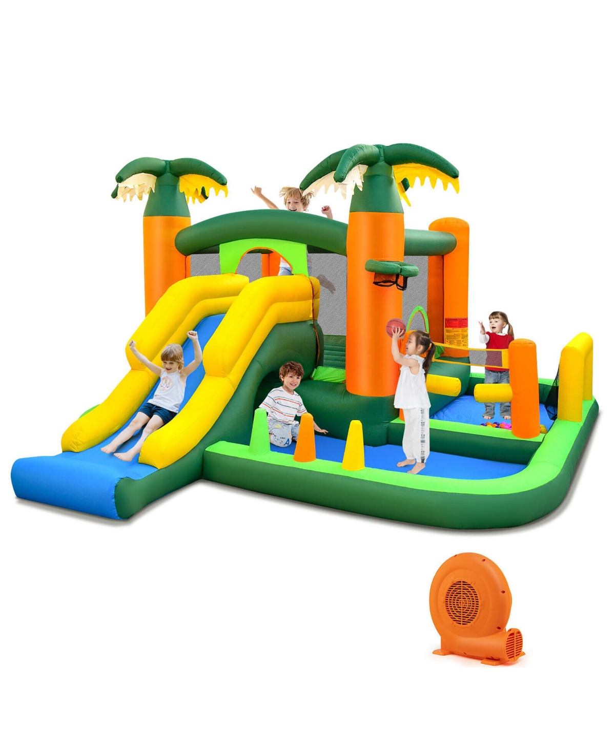 Tropical Inflatable Bounce Castle 8-in-1 Giant Jumping House w/ 680W Blower - Blue