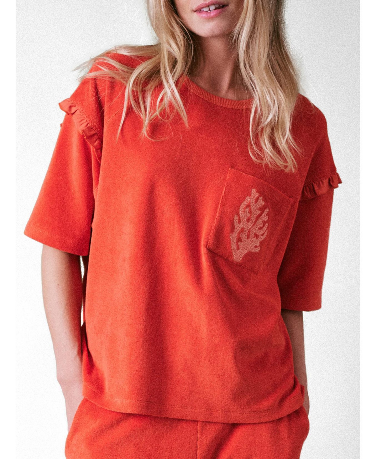 Women's Sea Coral Terry Frill Top - Burnt orange