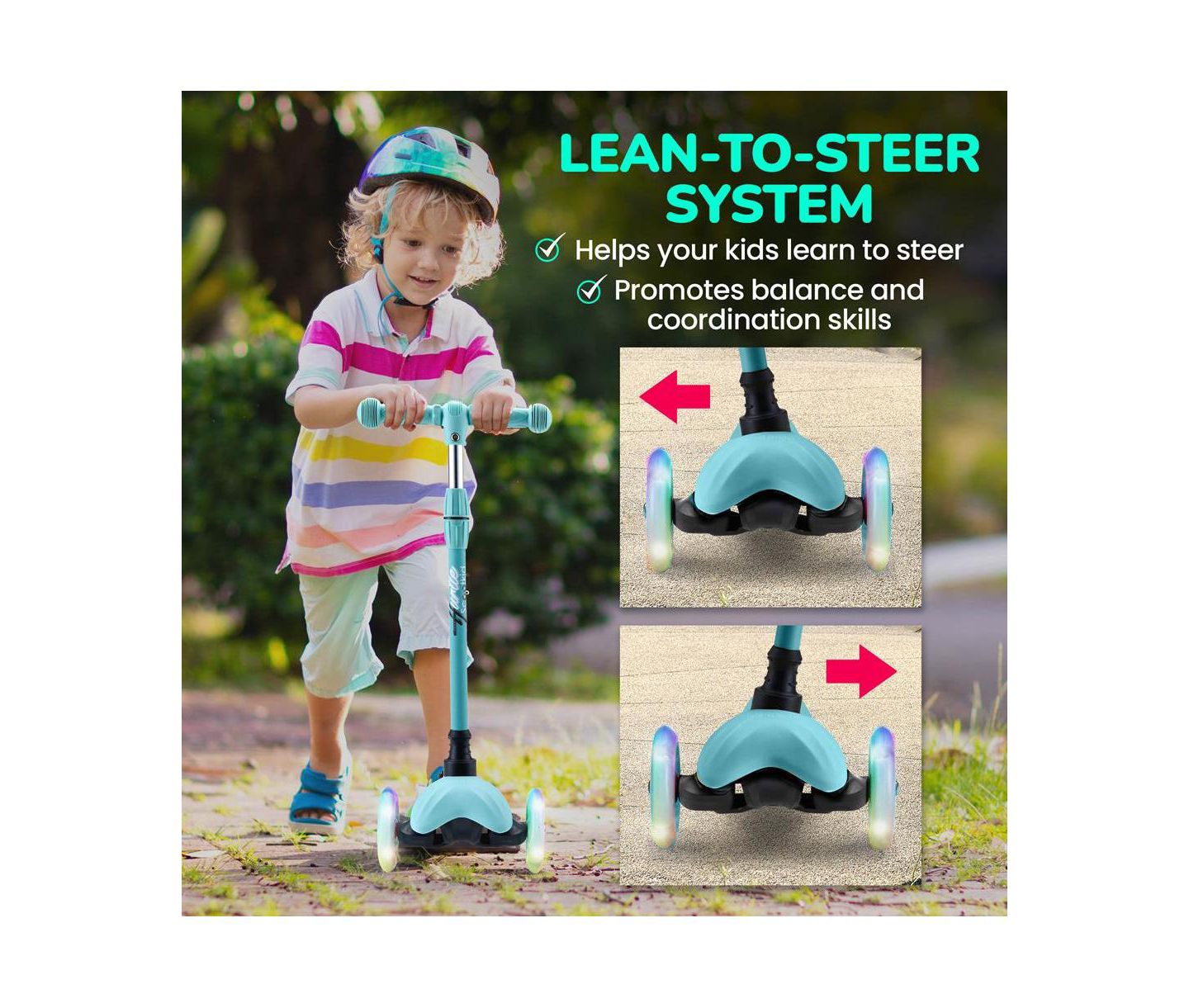Детская игрушка Hurtle Mini Kickboard Scooter with Adjustable Handlebar and LED Light Wheel, Ages 2+, цвет: Синий — фото 2