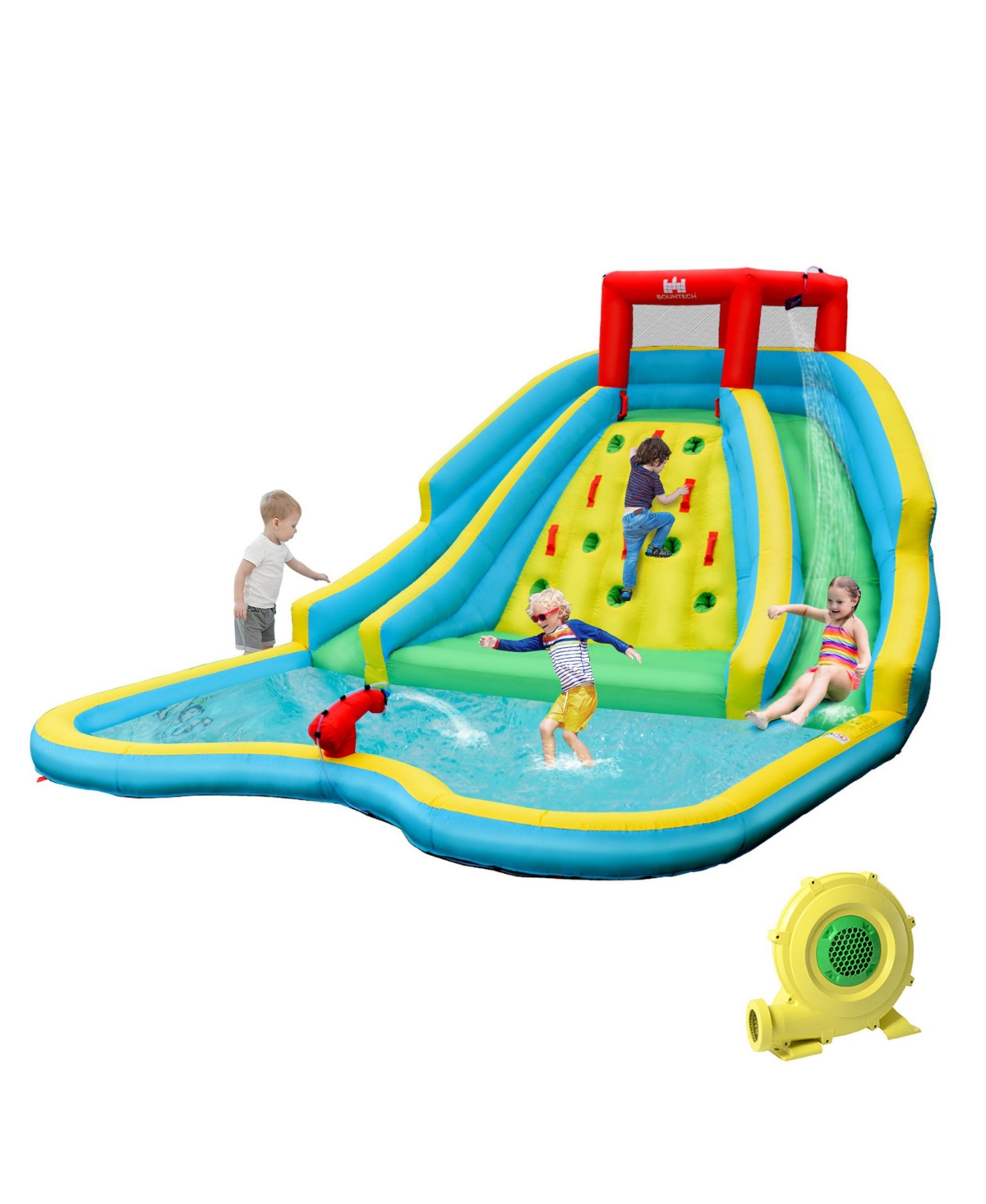 Inflatable Mighty Water Park Bouncy Splash Pool Climbing Wall with 735W Blower - Blue