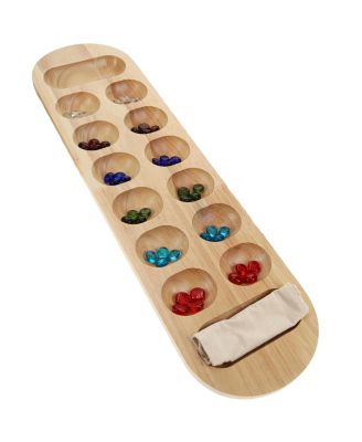 Mancala Board Game - 22 in., Solid Natural Wood Board and Glass Stones