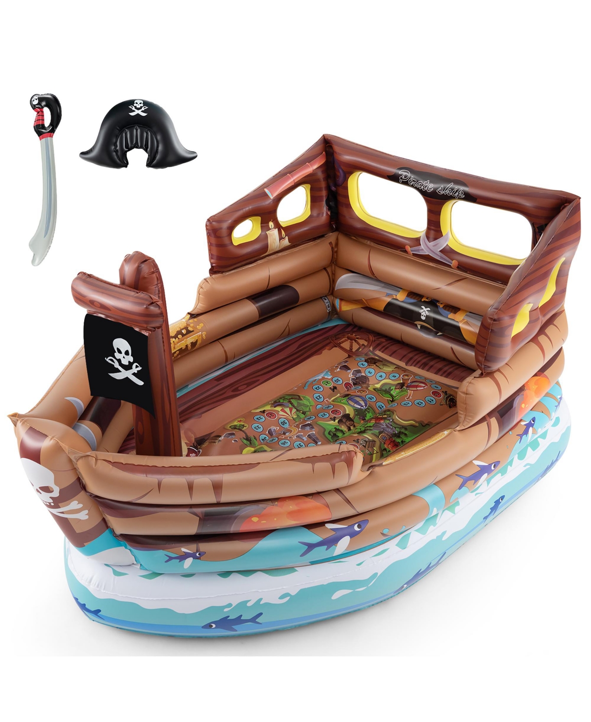 Inflatable Pirate Ship Playhouse w/ Built in Motor Inflatable Toy Sword - Brown