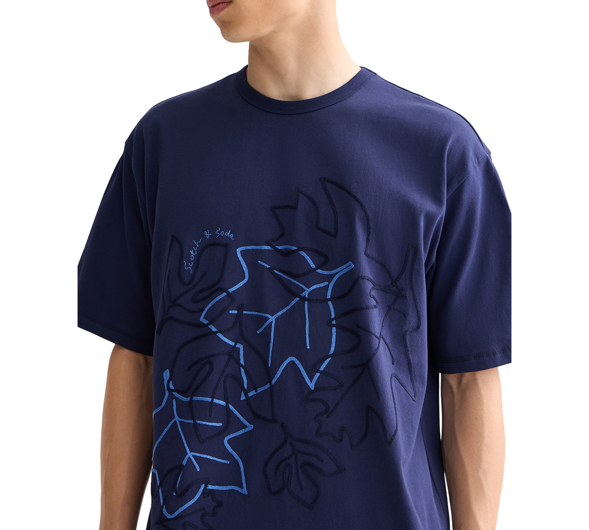 Scotch & Soda Loose Fit Leaf Embroidered Cotton T-shirt In Blue