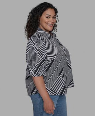 Plus Size Geo-Print Puff-Sleeve Shirt