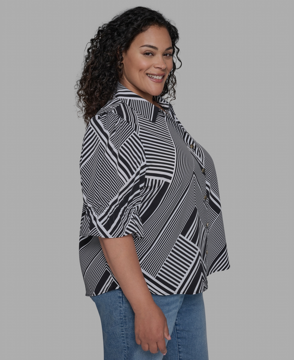 Karl Lagerfeld Plus Size Geo-print Puff-sleeve Shirt In Gray