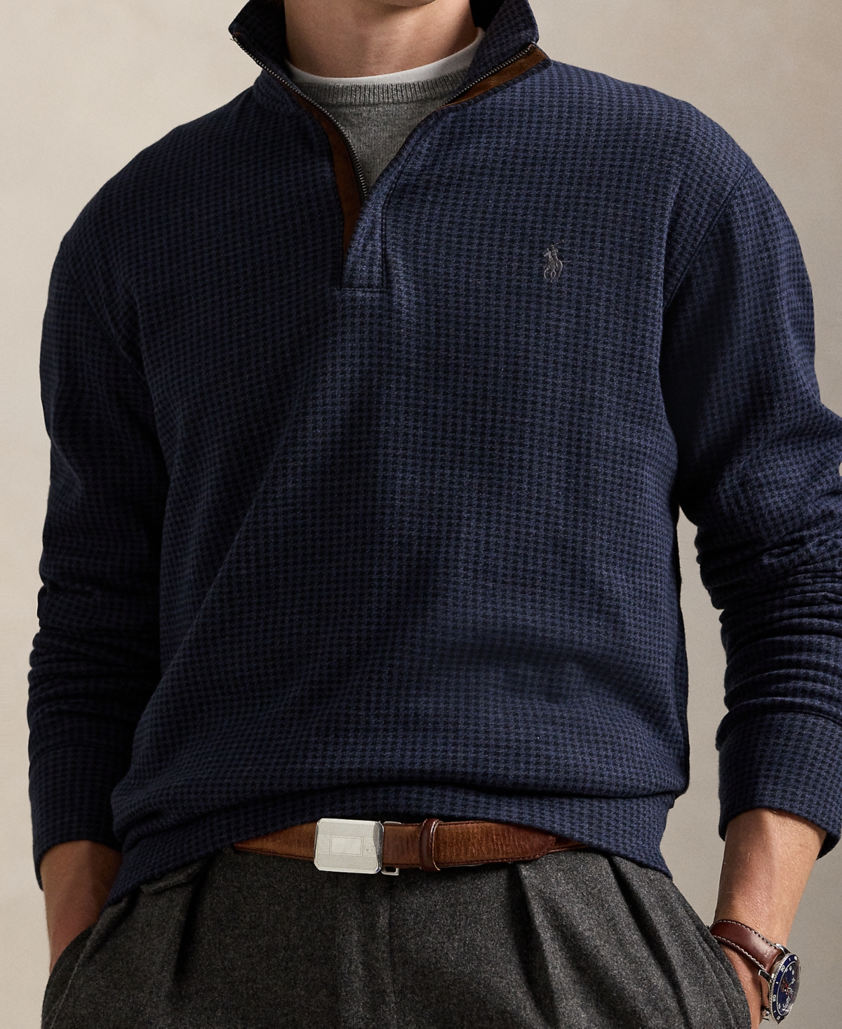 Polo Ralph Lauren Houndstooth Luxury Cotton Blend Quarter Zip Pullover In Blue