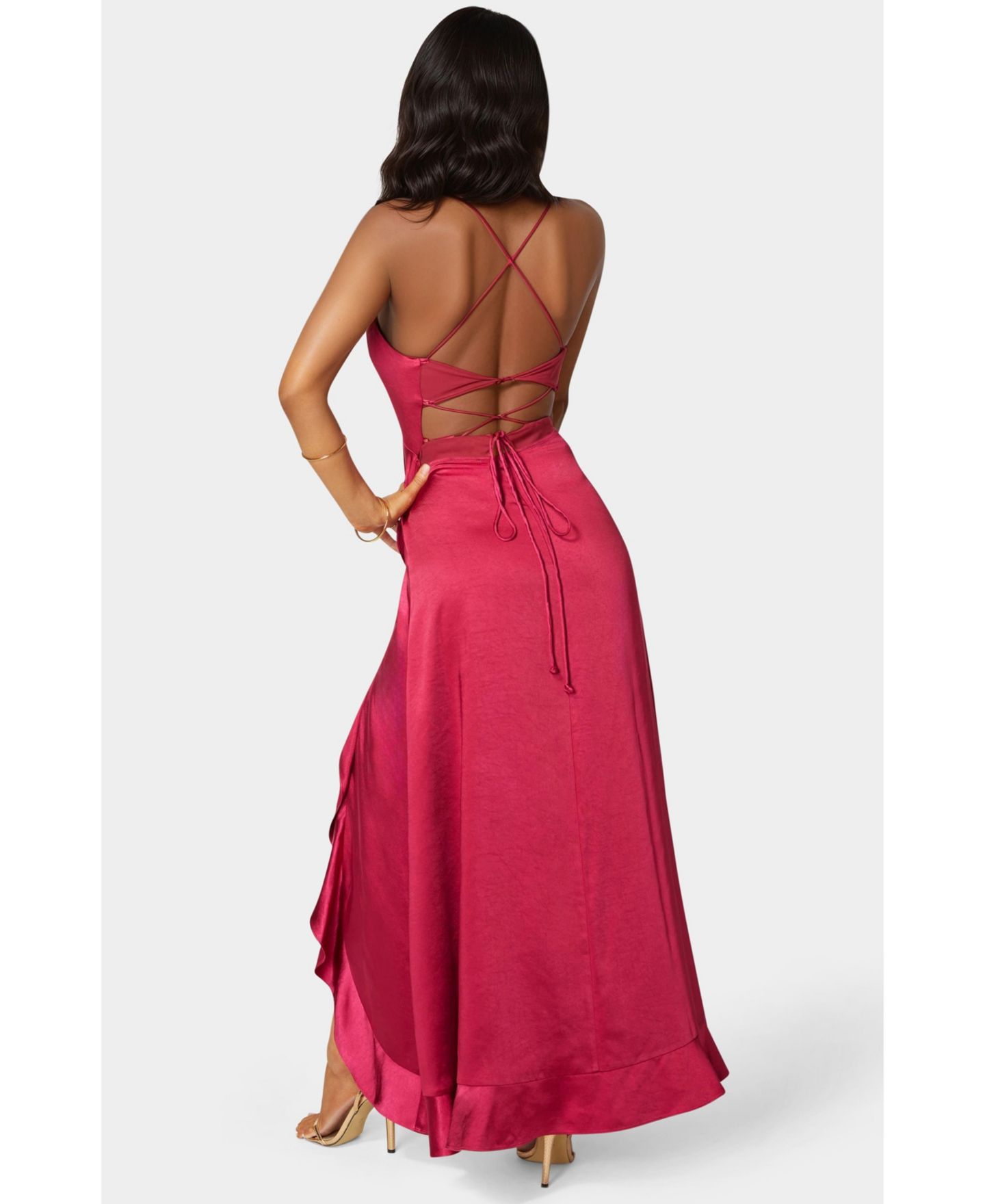 Bebe Women's Satin Ruffle Maxi Lace Up Back, цвет: Малиновый — фото 3
